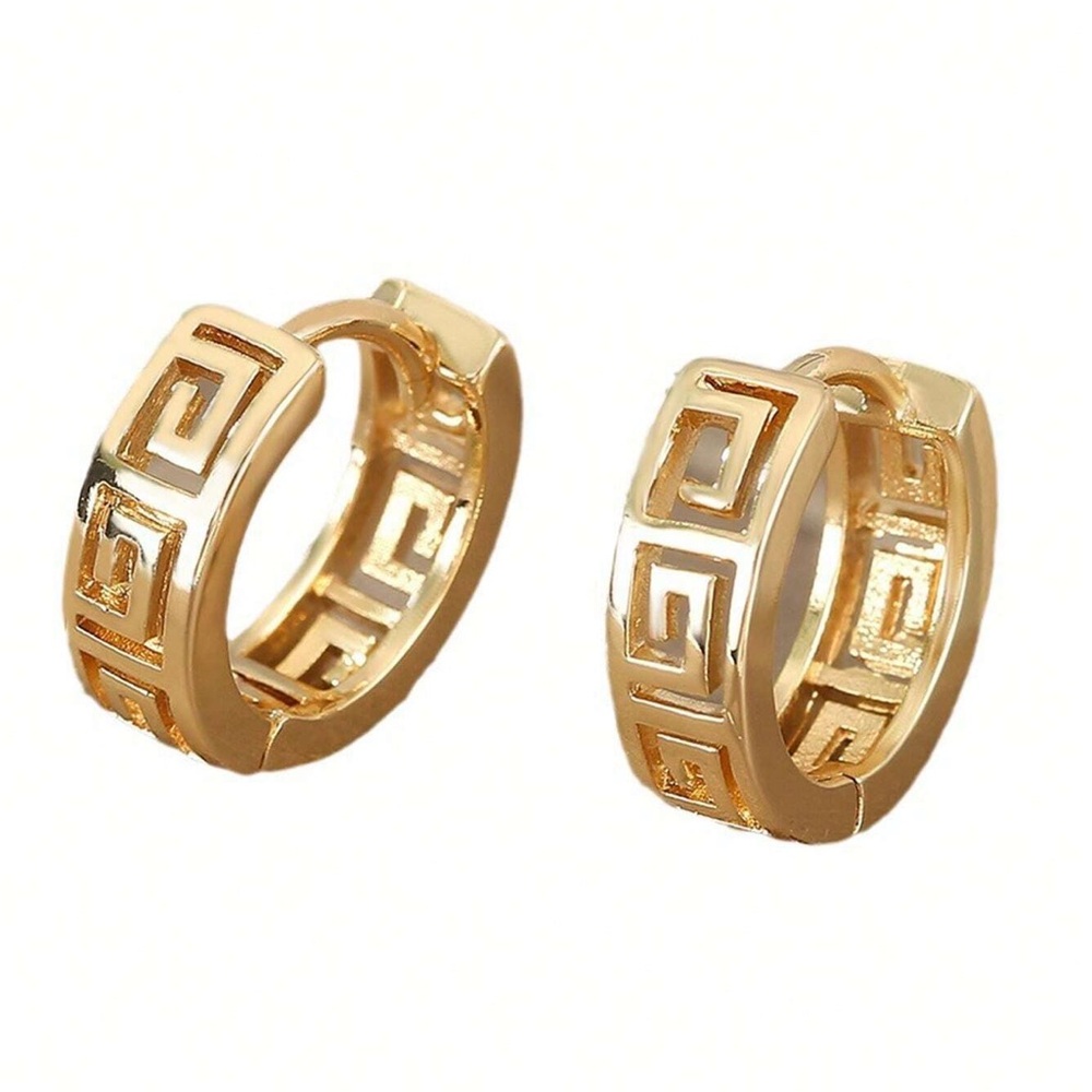 Textured Greek Earrings Elegant Gold tone Openwork Stencil Key Pierced Hoop New - Picture 2 of 6